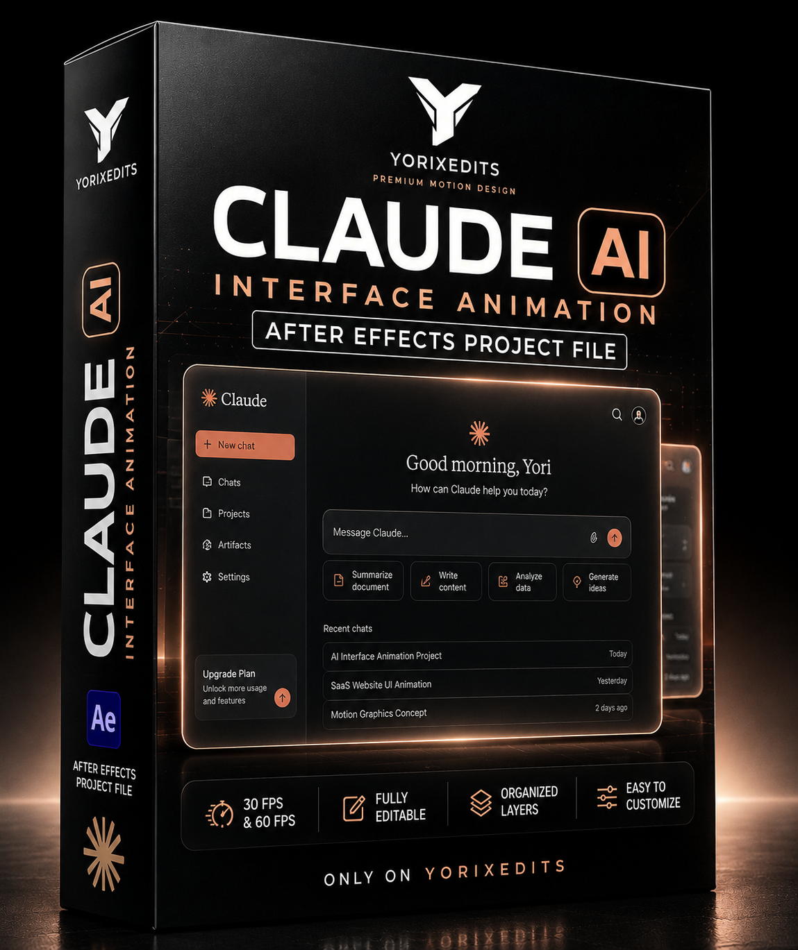 Claude AI Interface Animation After Effects Project File featuring modern AI UI design, smooth interface animations, premium motion graphics, and Adobe After Effects template by Yorixedits.