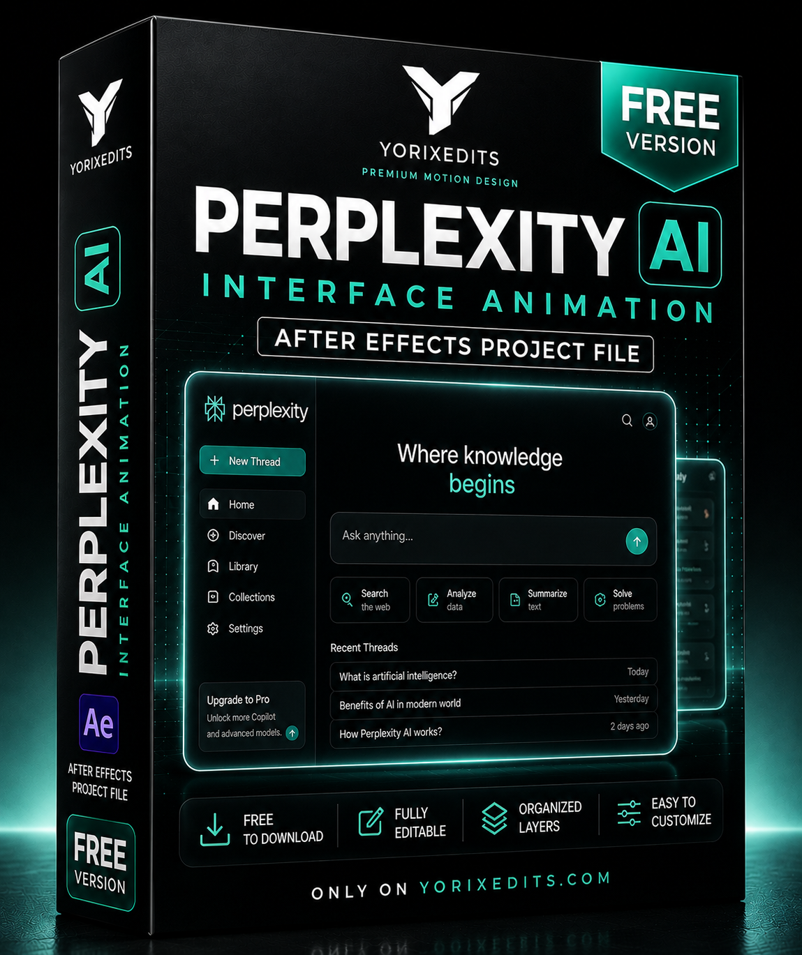 Free Perplexity AI Interface Animation After Effects Project File with modern AI UI design by Yorixedits
