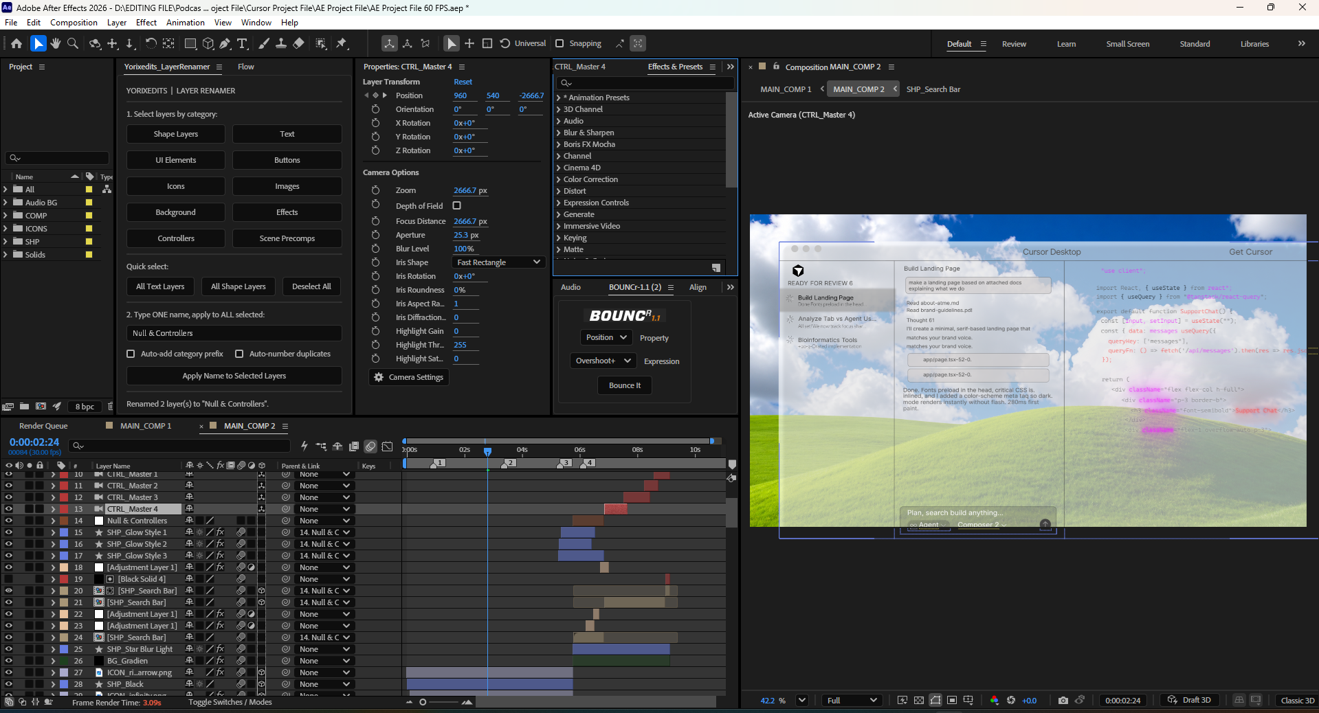 Cursor AI desktop interface animation in Adobe After Effects